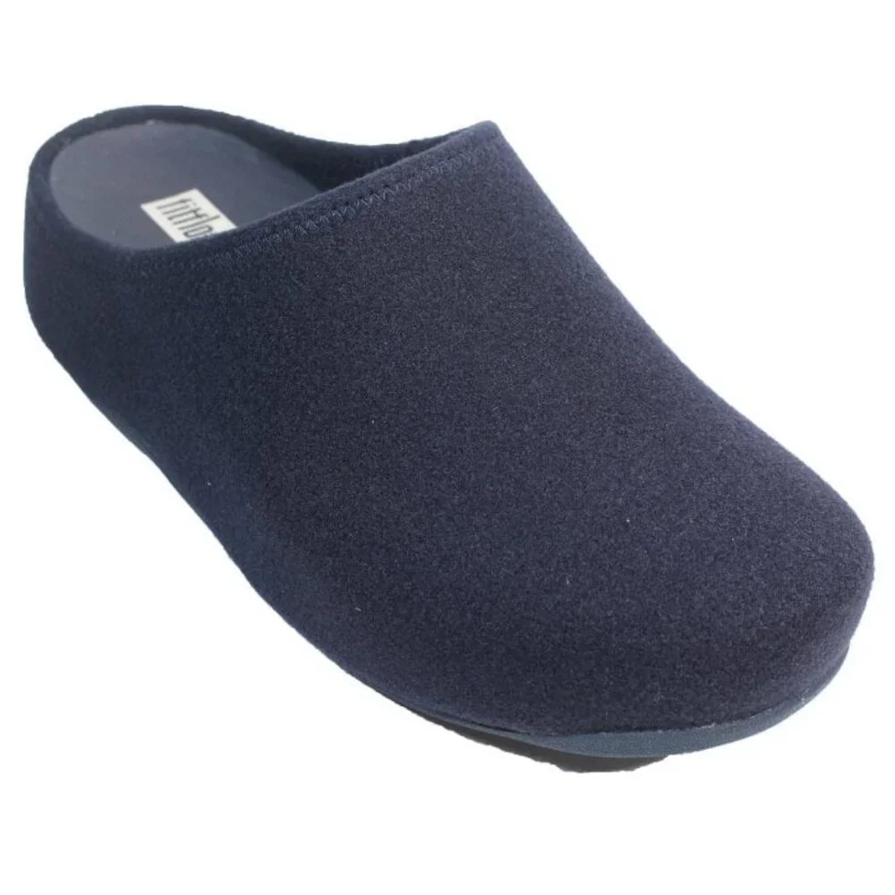 FitFlop SHUV E01 Felt Clog Slippers Navy Blue Slip-Resistant Rubber Soles NIB